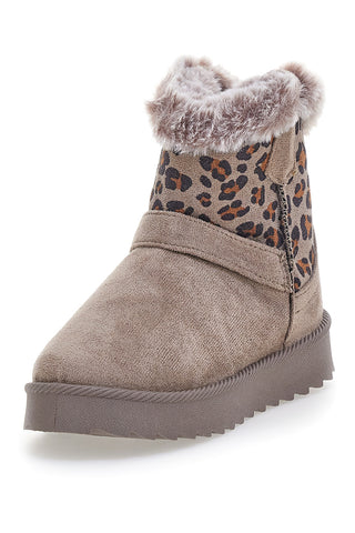 Taupefarbene Stiefeletten mit Animal-Print-Einsätzen und Fellfutter. Danke 1642