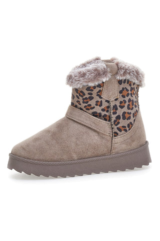 Taupefarbene Stiefeletten mit Animal-Print-Einsätzen und Fellfutter. Danke 1642