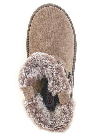 Taupefarbene Stiefeletten mit Animal-Print-Einsätzen und Fellfutter. Danke 1642