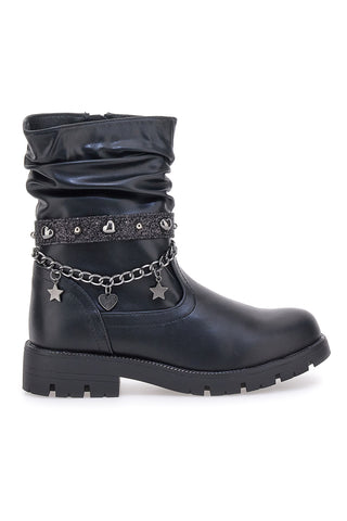 Grazia 1740 schwarze Stiefel mit gerafftem Schaft und dekorativer Kette
