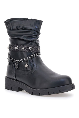 Grazia 1740 schwarze Stiefel mit gerafftem Schaft und dekorativer Kette