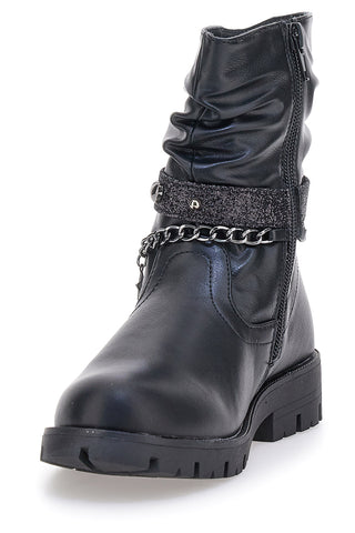 Grazia 1740 schwarze Stiefel mit gerafftem Schaft und dekorativer Kette