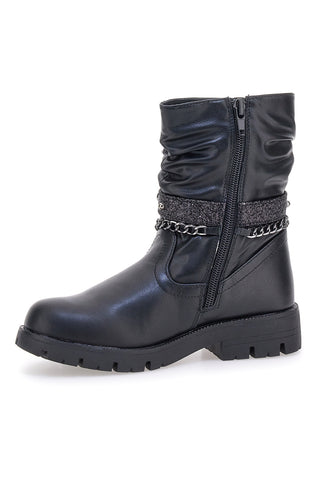 Grazia 1740 schwarze Stiefel mit gerafftem Schaft und dekorativer Kette
