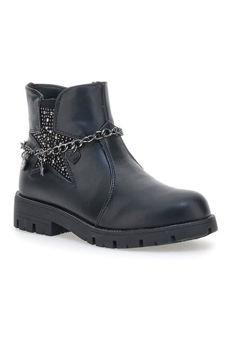 Schwarze Stiefeletten mit Zierkette und Nietenstern. Danke 1729