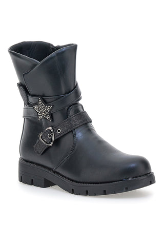 Grazia 1622 schwarze Stiefeletten mit Glitzerstern und Zierriemen