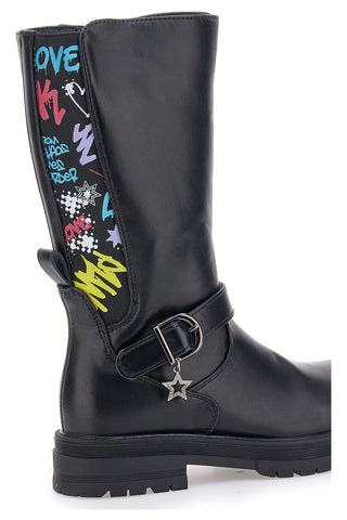 Stivali neri con scritte colorate e stella pendente Grazie Girl 590334