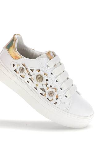 Weiße Turnschuhe mit Blumen und goldenen Einsätzen Laura Biagiotti L9858C9760