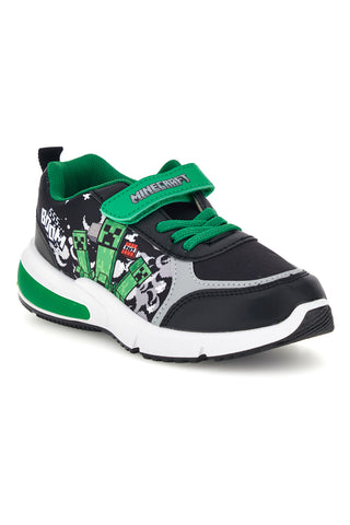 Schwarze und grüne Sneaker mit Leuchteffekten, Klettverschluss und Minecraft-Aufdruck K13005
