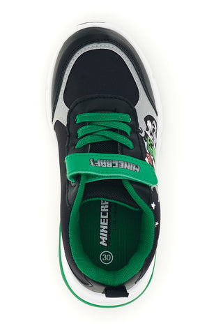 Schwarze und grüne Sneaker mit Leuchteffekten, Klettverschluss und Minecraft-Aufdruck K13005