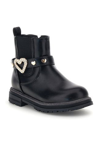 Schwarze Stiefeletten mit Riemchen und Herz-Schmuckstein „Grazie girl“ 459687B