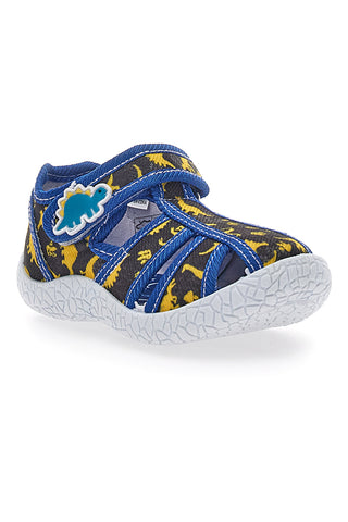 Schwarze Sandalen mit blauem Besatz und Dinosauriern aus Stoff mit geschlossener Spitze Pitt Kids 2492