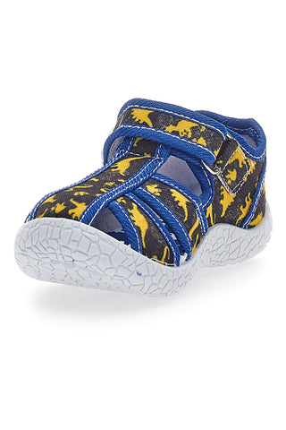 Schwarze Sandalen mit blauem Besatz und Dinosauriern aus Stoff mit geschlossener Spitze Pitt Kids 2492