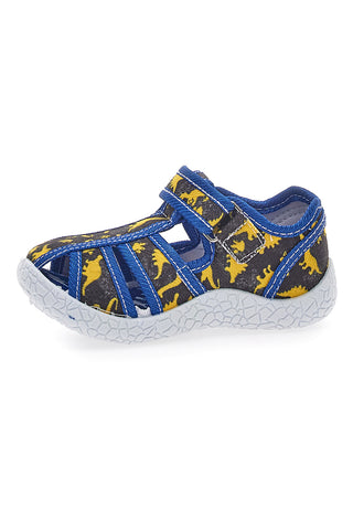 Schwarze Sandalen mit blauem Besatz und Dinosauriern aus Stoff mit geschlossener Spitze Pitt Kids 2492