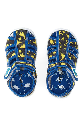 Schwarze Sandalen mit blauem Besatz und Dinosauriern aus Stoff mit geschlossener Spitze Pitt Kids 2492