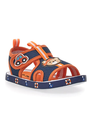 Blaue und orangefarbene Sandalen mit Teddybär und Auto aus Pitt Kids-Stoff 2635