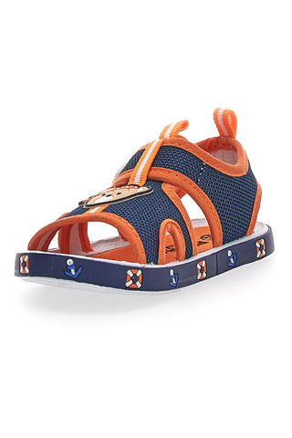 Blaue und orangefarbene Sandalen mit Teddybär und Auto aus Pitt Kids-Stoff 2635