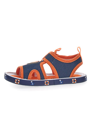 Blaue und orangefarbene Sandalen mit Teddybär und Auto aus Pitt Kids-Stoff 2635