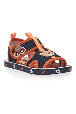 Marineblaue und orangefarbene Lauflernsandalen mit Teddybär und Auto Pitt Kids PK2636B