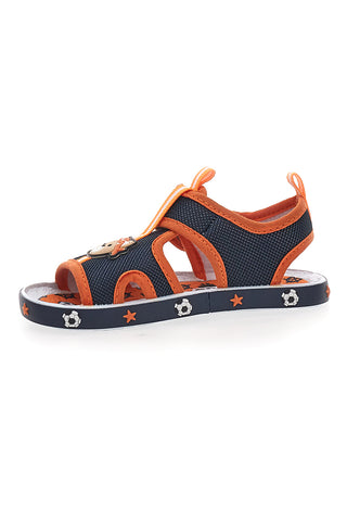 Marineblaue und orangefarbene Lauflernsandalen mit Teddybär und Auto Pitt Kids PK2636B