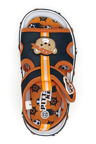 Marineblaue und orangefarbene Lauflernsandalen mit Teddybär und Auto Pitt Kids PK2636B