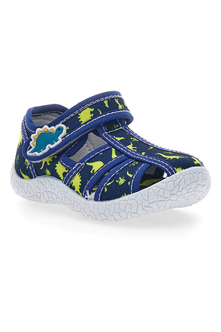 PITT KIDS PK2492D Blaue Sandalen für die ersten Schritte mit gelben Dinosauriern, geschlossene Zehenpartie