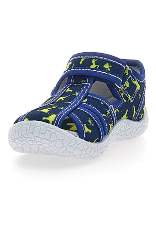 PITT KIDS PK2492D Blaue Sandalen für die ersten Schritte mit gelben Dinosauriern, geschlossene Zehenpartie