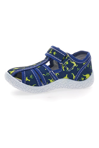 PITT KIDS PK2492D Blaue Sandalen für die ersten Schritte mit gelben Dinosauriern, geschlossene Zehenpartie
