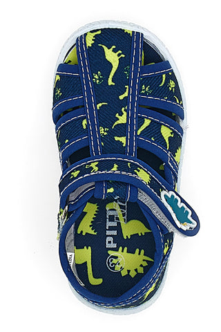 PITT KIDS PK2492D Blaue Sandalen für die ersten Schritte mit gelben Dinosauriern, geschlossene Zehenpartie