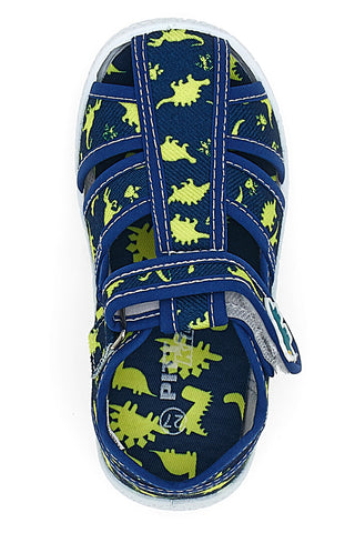 PITT KIDS PK2492D Blaue Sandalen mit gelben Dinosauriern, geschlossene Zehenpartie