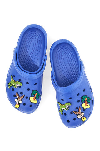 Blaue Clog-Hausschuhe mit Dinosaurier-Applikationen 2T2L 726