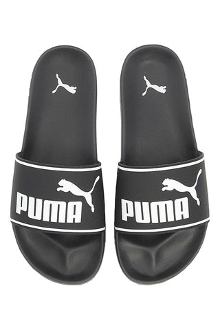Schwarze Hausschuhe mit weißem Puma Leadcat 2.0-Logo