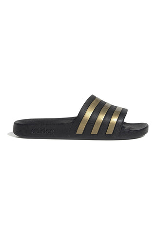 Schwarze Badeschuhe mit Adidas-Streifen Adilette Aqua