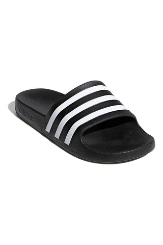 Schwarze Badeschuhe mit Adidas-Streifen Adilette Aqua