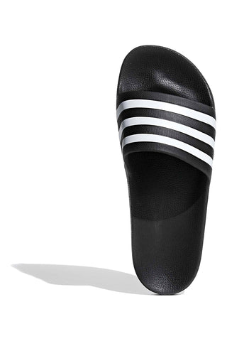 Schwarze Badeschuhe mit Adidas-Streifen Adilette Aqua