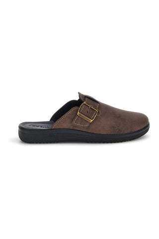 Braune Pantoffeln mit verstellbarer Schnalle und Kontrastnähten, Modell Inblu 19 DG