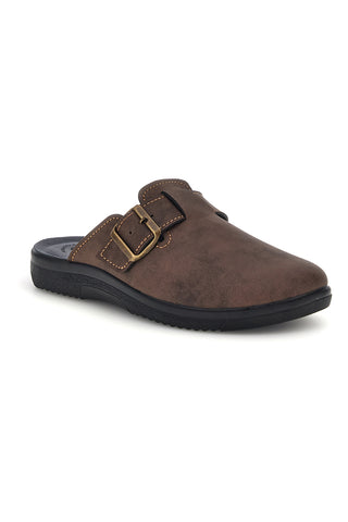 Braune Pantoffeln mit verstellbarer Schnalle und Kontrastnähten, Modell Inblu 19 DG