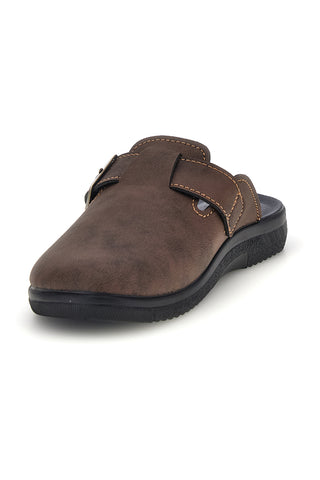 Braune Pantoffeln mit verstellbarer Schnalle und Kontrastnähten, Modell Inblu 19 DG
