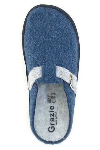 Blaue Filzhausschuhe mit Schnalle und herausnehmbarer Innensohle. Danke 1