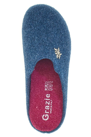 Blaue Filzhausschuhe mit Metallblume und herausnehmbarem Fußbett Danke 3001d