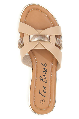 Beige Hausschuhe mit gekreuzten Bändern und Strasssteinen Fun Beach 14217