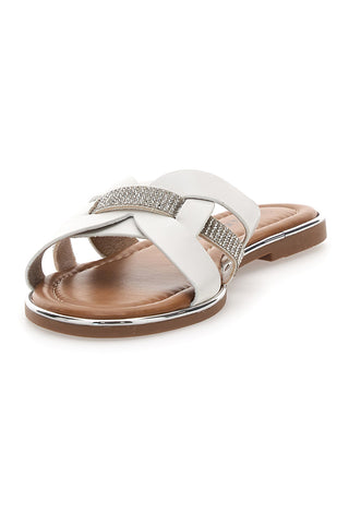 Fun Beach 14217 Weiße Damen-Hausschuhe mit gekreuzten Riemen und Strasssteinen