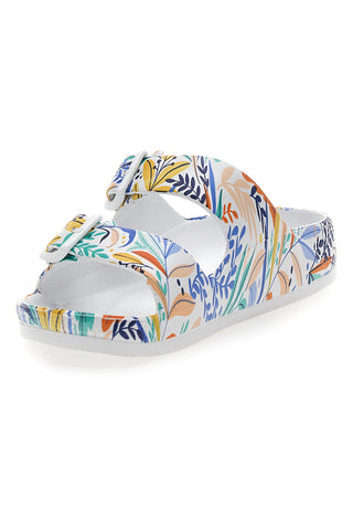 Weiße Hausschuhe mit Doppelriemen und tropischem Muster 2T2L HM06