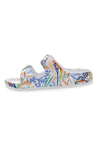 Weiße Hausschuhe mit Doppelriemen und tropischem Muster 2T2L HM06