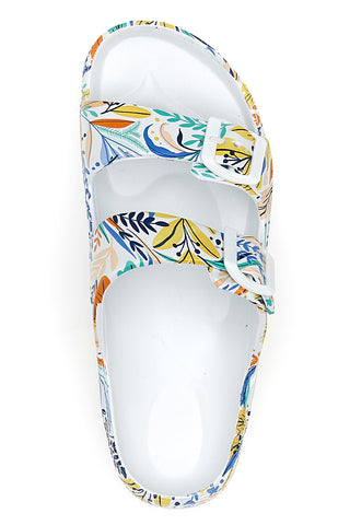 Weiße Hausschuhe mit Doppelriemen und tropischem Muster 2T2L HM06