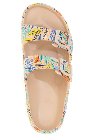 Beige Hausschuhe mit tropischem Muster und Doppelriemen 2T2L HM06