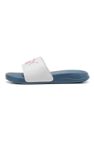 Puma Popcat 20 Jr – blaue Hausschuhe mit weißem Band und rosa Logo