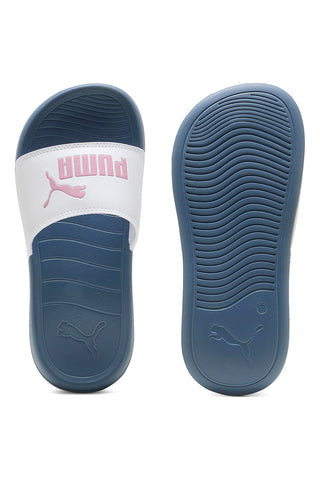 Puma Popcat 20 Jr – blaue Hausschuhe mit weißem Band und rosa Logo