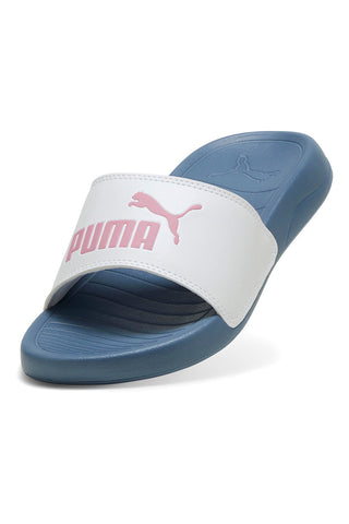 Puma Popcat 20 Jr – blaue Hausschuhe mit weißem Band und rosa Logo