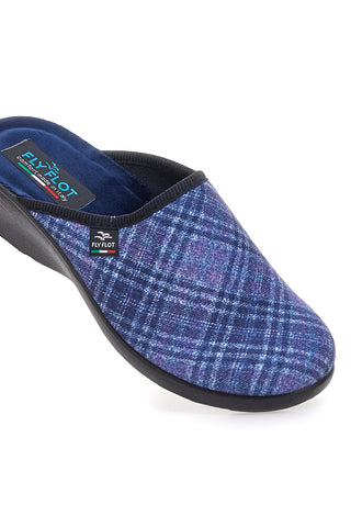 Fly Flot 90L70T37NP Komfort-Hausschuhe mit Keilabsatz, blau kariert