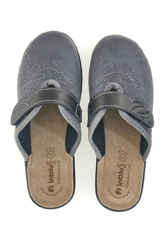 Graue Hausschuhe von Inblu 17 LV mit Blumenstickerei und verstellbarem Verschluss